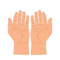 Open hands looking up for praying or asking. Palm hands up. Gesture with two hands together. Vector flat illustration.