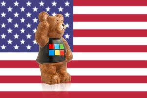 Bear figurine against the background of the USA flag. Blurred background. photo
