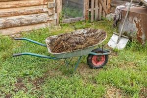 cart with natural cow manure stands in the garden. photo