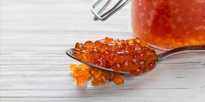 Red caviar in spoon banner photo