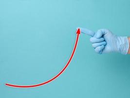 hand in a blue medical glove and a red arrow tends upward. The concept of increasing rates, increasing incidence, higher funding photo