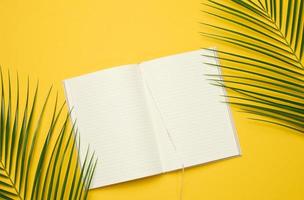 open notebook with blank white sheets on a yellow background, top view. photo