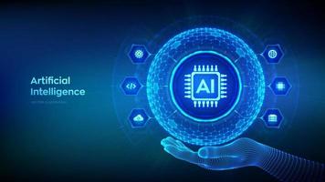 ai. inteligencia artificial en forma de esfera con patrón de cuadrícula hexagonal en mano de estructura alámbrica. concepto de aprendizaje automático. grandes datos Redes neuronales. IA y tecnología virtual. ilustración vectorial vector