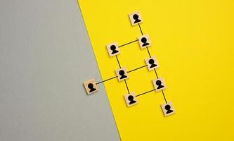 wooden blocks with figures on a gray yellow background, hierarchical organizational structure of managemen photo