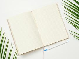 Open notebook with blank white sheets on a white background, top view. photo