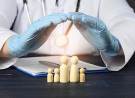 wooden figures of little men - a family, the doctor's hands cover the family for protection from diseases photo