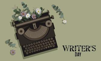 World Writer's Day. Writer's Day. An old typewriter with printed text. A banner of the World Writers' Day with an old black retro typewriter with flowers in place of paper. Flat vector illustration.