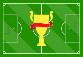 campo de fútbol con césped verde y con una copa de oro con una cinta roja. ilustración vectorial vector