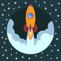 Space rocket ship in round piece. Space rocket launch. Project startup and development process concept. The rocket flies upwards. vector