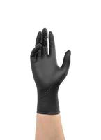 female hand in a black latex glove raised up. Body part isolated on white background photo