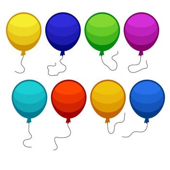 Set of eight colorful balloons with a string isolated on white background. Vector illustration