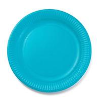 Blue empty paper disposable plate on white isolated background, top view photo