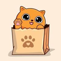 gato en bolsa de papel - lindo gato naranja peekaboo en bolsa de compras agitando las patas de la mano kawaii vector