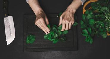 Green fresh mint leaves on a wooden board and two female hands on a black wooden table, top view photo