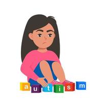 Autism concept. Girl feeling lonely. Sad boy sitting on floor surrounded by cubes toys with word autism. Vector illustration.