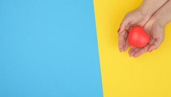 female hands holds red heart, blue background. Love and donation concept photo