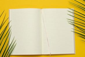 open notebook with blank white sheets on a yellow background, top view. photo