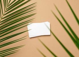 stack of rectangular white paper business cards and a leaf of a palm tree on a brown background. View from above photo