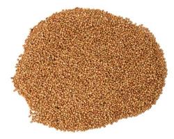 heap of uncooked buckwheat grains isolated on white background, top view photo