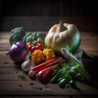 Healthy vegetables on wooden table photo