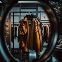 tienda de fotografía para ropa, tienda de ropa en percha en la boutique de la tienda moderna foto