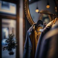 tienda de fotografía para ropa, tienda de ropa en percha en la boutique de la tienda moderna foto