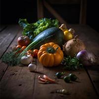 Healthy vegetables on wooden table photo