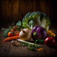 Healthy vegetables on wooden table photo