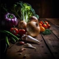 Healthy vegetables on wooden table photo