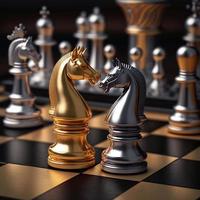Gold and silver chess on chess board game for business metaphor leadership concept