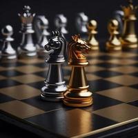 ajedrez de oro y plata en el juego de tablero de ajedrez para el concepto de liderazgo de metáfora empresarial foto