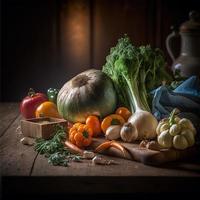 Healthy vegetables on wooden table photo