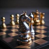 Gold and silver chess on chess board game for business metaphor leadership concept photo