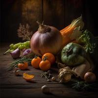 Healthy vegetables on wooden table photo