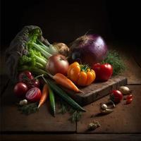 Healthy vegetables on wooden table photo