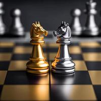 Gold and silver chess on chess board game for business metaphor leadership concept photo