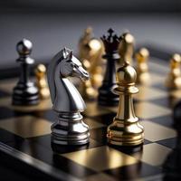 Gold and silver chess on chess board game for business metaphor leadership concept photo