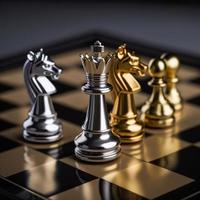 Gold and silver chess on chess board game for business metaphor leadership concept photo