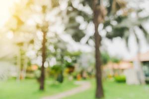 defocused bokeh and blur background of garden trees in sunlight with vintage toned. photo