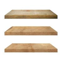 3 old wood shelf table isolated on white background and display montage for product. photo