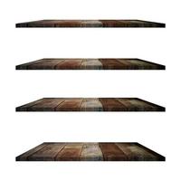 4 old wood shelves table isolated on white background and display montage for product. photo