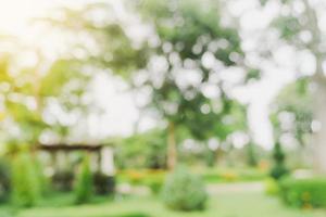 defocused bokeh and blur background of garden trees in sunlight with vintage toned. photo