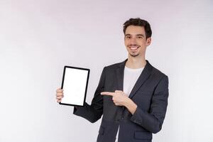 Portrait of attractive cheerful businessman using device app searching web isolated over white color background photo