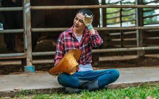 Portrait of Tired young Asian farmer woman sitting on floor in cowshed. Agriculture industry, farming, people, technology and animal husbandry concept. photo
