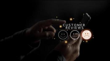 Customer Experience dissatisfied Concept, Unhappy Businessman Client with Sadness Emotion Face on smartphone screen, Bad review, bad service dislike bad quality, low rating, social media not good. photo