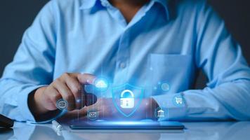 Network security system. Personal Data information on Tablet. Information and cyber security Technology Services. Internet Technology. Digital data protection. Cyber Padlock security application. photo