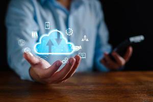 Businessman using cloud technology connect business data. Cloud computing concept idea show on hand. Internet Cloud technology. Digital Data storage. Network and internet service for business concept. photo