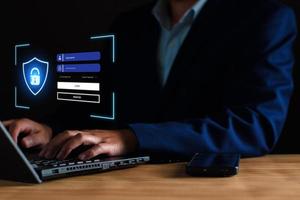 cyber security concept. user privacy security and encryption, secure internet access Future technology and cybernetics, screen padlock, biotic login technology fingerprint scanning. privacy protection photo