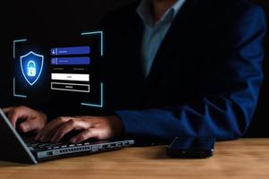 concepto de ciberseguridad. seguridad y encriptación de la privacidad del usuario, acceso seguro a Internet tecnología futura y cibernética, candado de pantalla, escaneo de huellas dactilares con tecnología de inicio de sesión biótica. protección de la privacidad foto