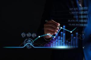 Economic analysis concept. Businessman analyze graph growth of business amid the global economic crisis, Strategy and planning, Recovery of business, Analyzing and data exchange on global networking. photo